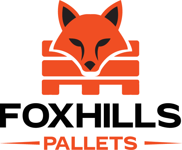 Logo of a fox head above orange stacked pallets with the text 'FOX HILLS PALLETS'.