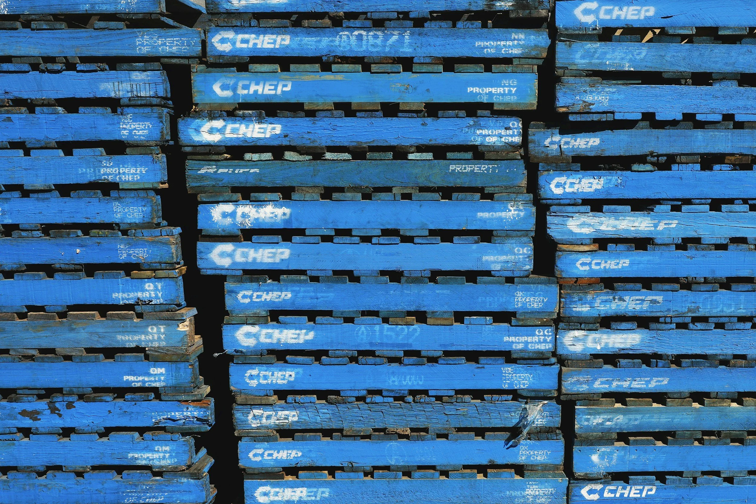 Stacks of blue wood pallets with white text and logo that read "CHEP" and other small, unreadable stenciled words.