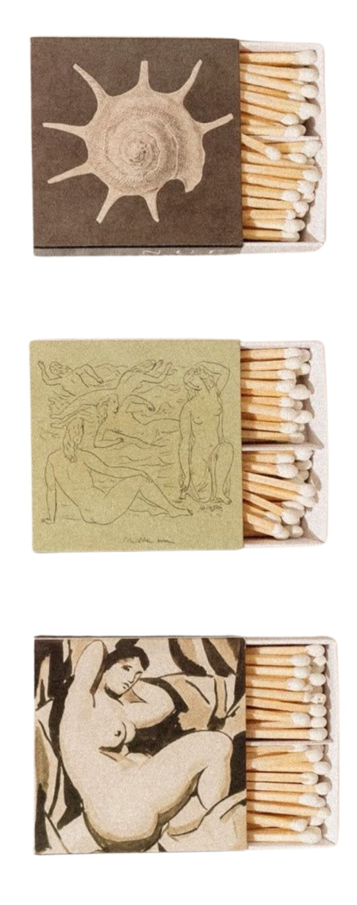 Three matchboxes, each with different artistic illustrations on the cover, positioned side by side.