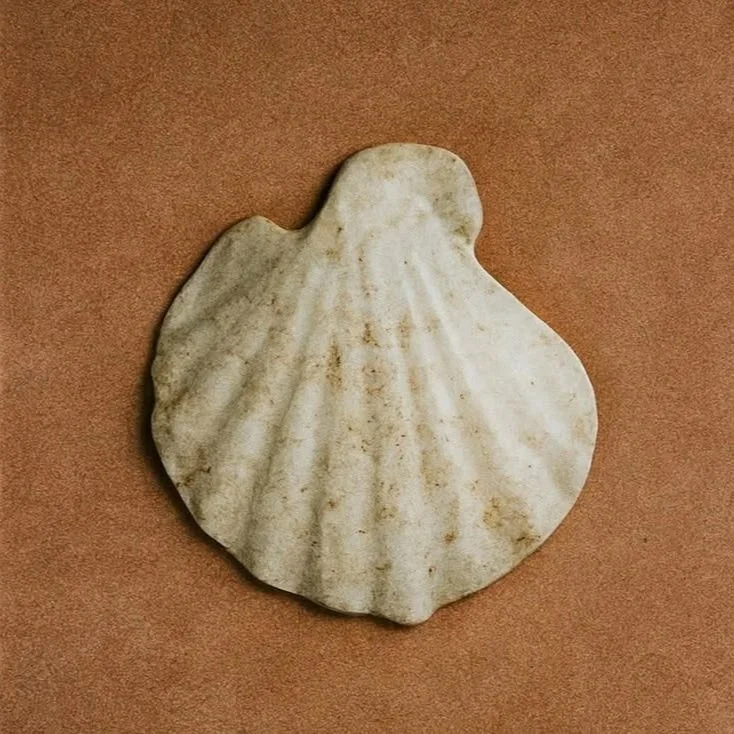 A white seashell with ridges on a brown background.