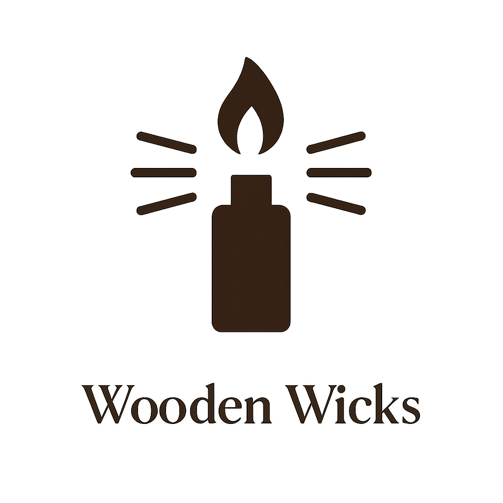 Logo for Wooden Wicks featuring a brown candle with a flame and lines representing sparks, and the text 'Wooden Wicks' below.