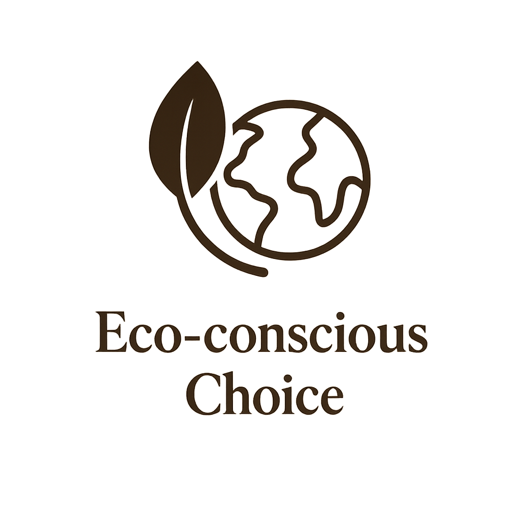 A logo featuring a stylized earth with a leaf, accompanied by the text 'Eco-conscious Choice' in brown font.