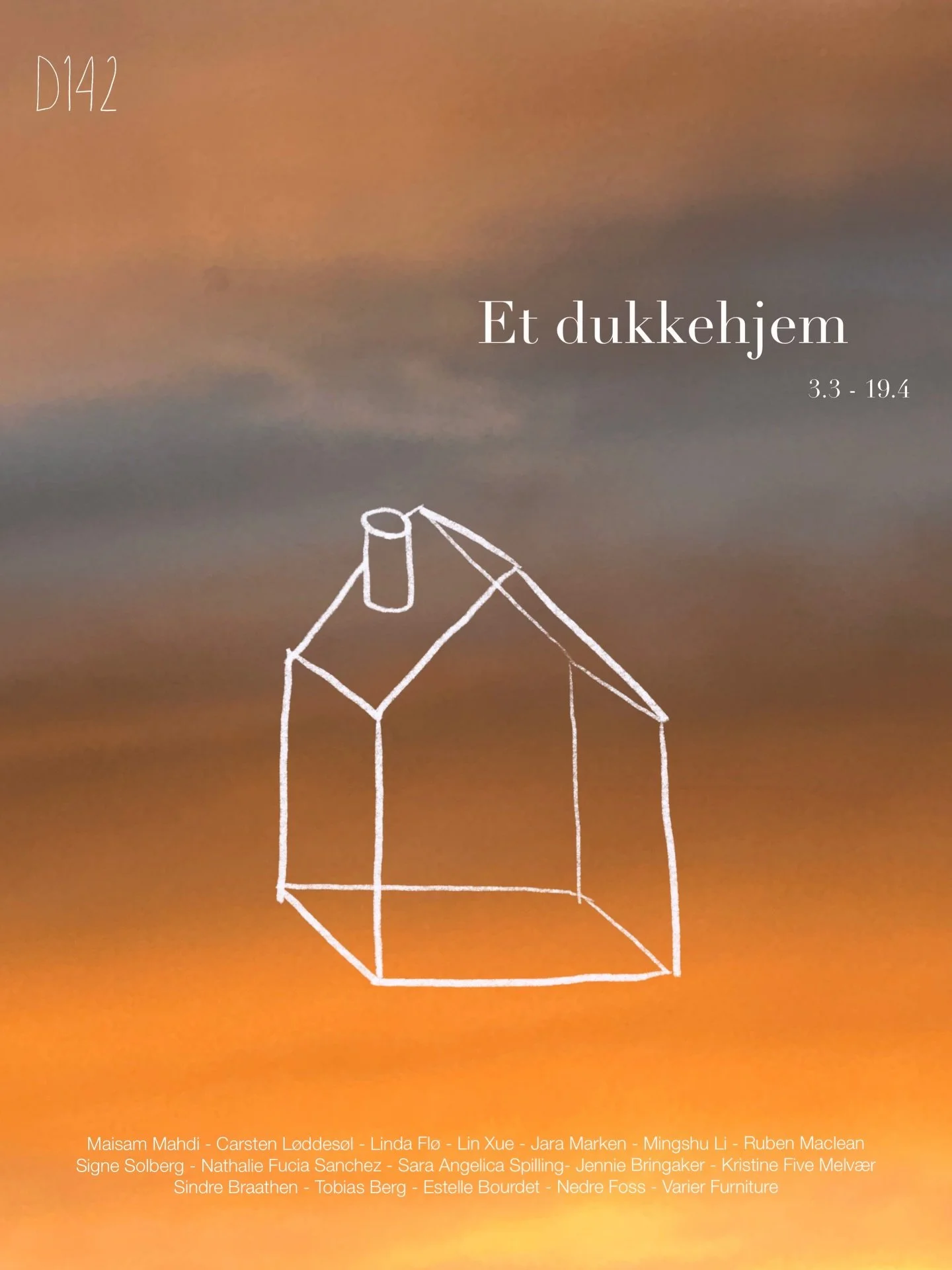 3.3 opening &bull; Et Dukkehjem &bull; 
a group exhibition exploring the intersection of art, design, architecture, and the home. 

Vernissage: 
Date: 3.3. 
Time: 17:00&ndash;21:00
Address: Markveien 32
Place: D142

Exhibitors: 
Maisam Mahdi 
Carsten