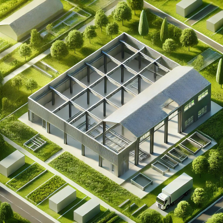 Modèle réduit d'un bâtiment moderne en construction, entouré de verdure et de terrain aménagé