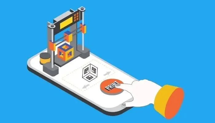 Illustration d'une imprimante 3D sur un smartphone avec un bouton "Print".
