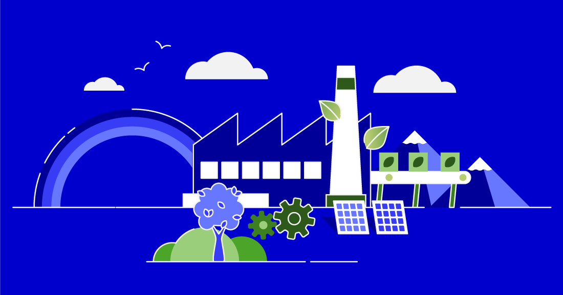 Illustration d'une usine écologique avec panneaux solaires, cheminées avec feuilles, engrenages, un arc-en-ciel, des arbres et des nuages sur fond bleu.