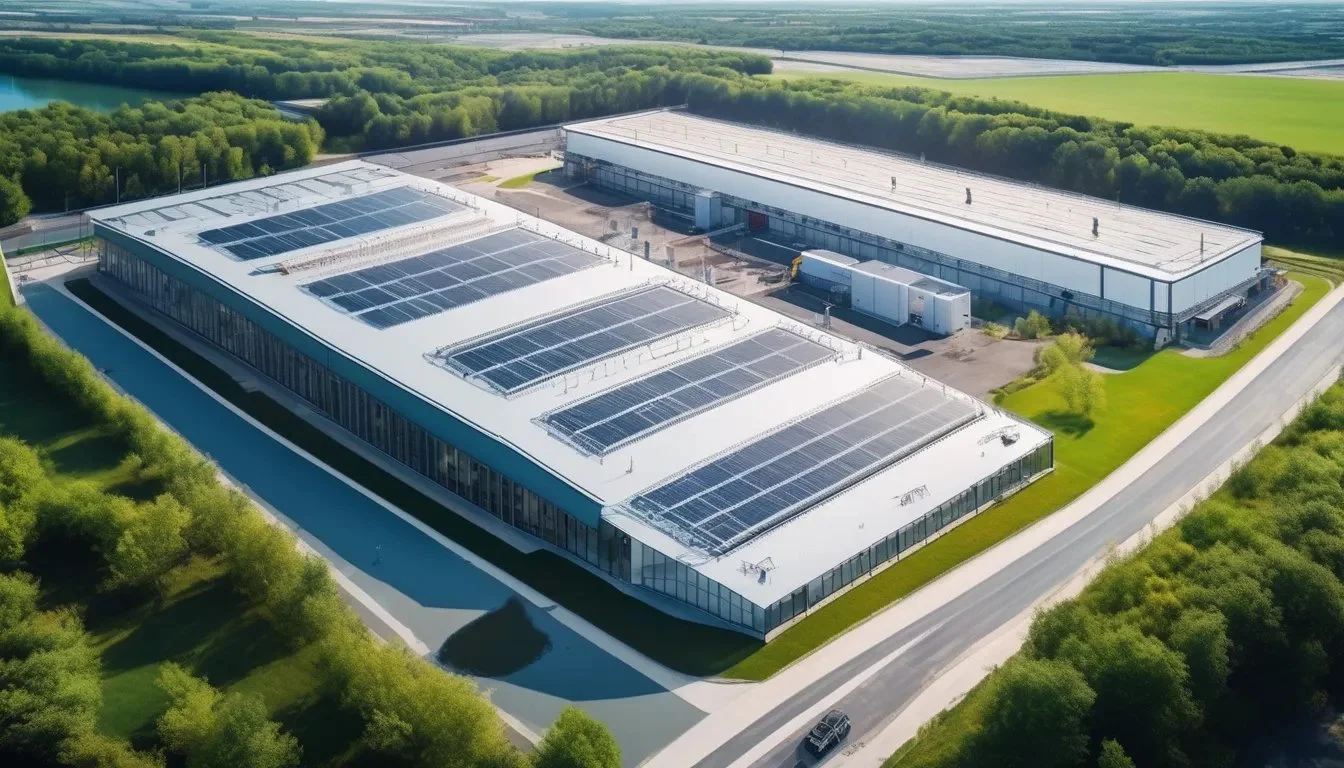Bâtiments industriels avec panneaux solaires sur le toit entourés de verdure