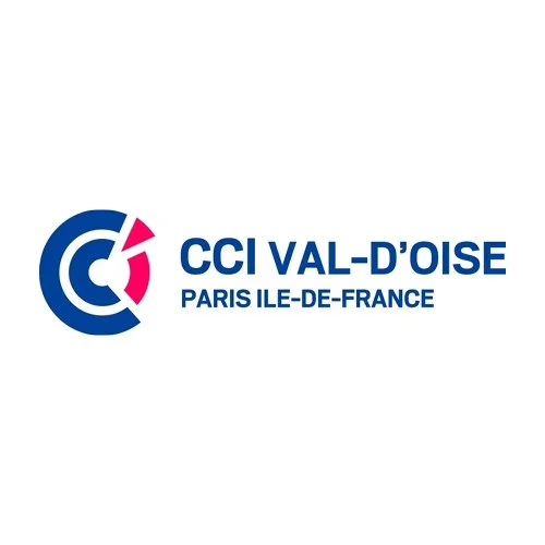 Logo de la CCI Val-d'Oise, Paris Île-de-France, avec des éléments graphiques en bleu et rose.
