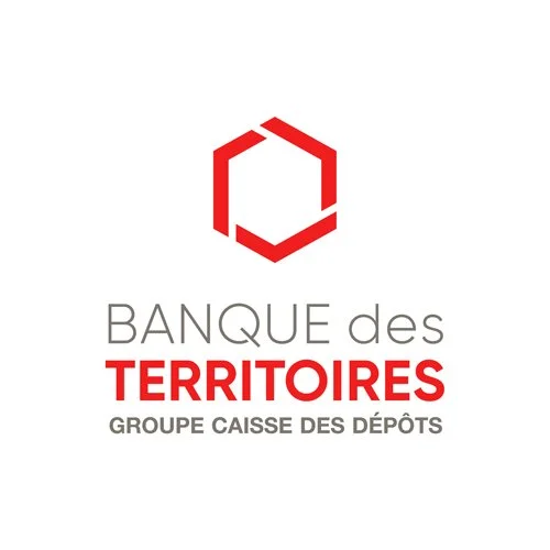 Logo de la Banque des Territoires du Groupe Caisse des Dépôts, avec hexagone rouge et texte en rouge et gris.