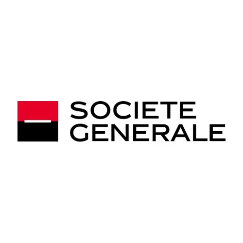 Logo de Société Générale, un carré rouge et noir avec une barre blanche, à côté du nom de l'entreprise en texte noir.
