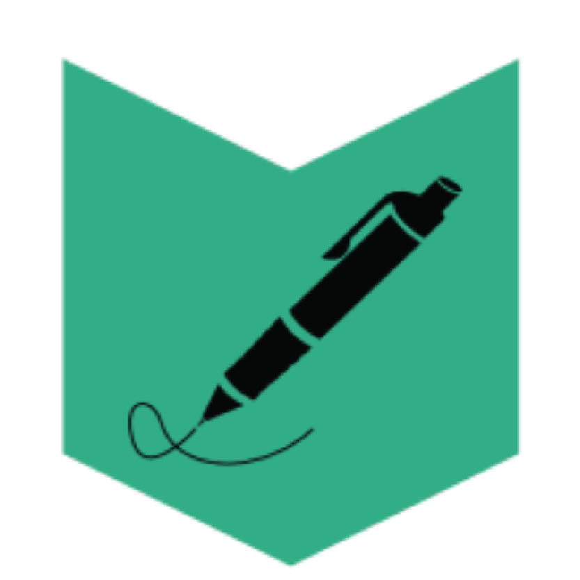 Icône d'un stylo plume noir sur fond vert, représentant l'écriture ou la rédaction.