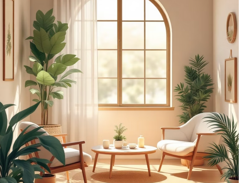 Sunlit living room with large arched window, white sofa, wooden armchairs, and green houseplants.