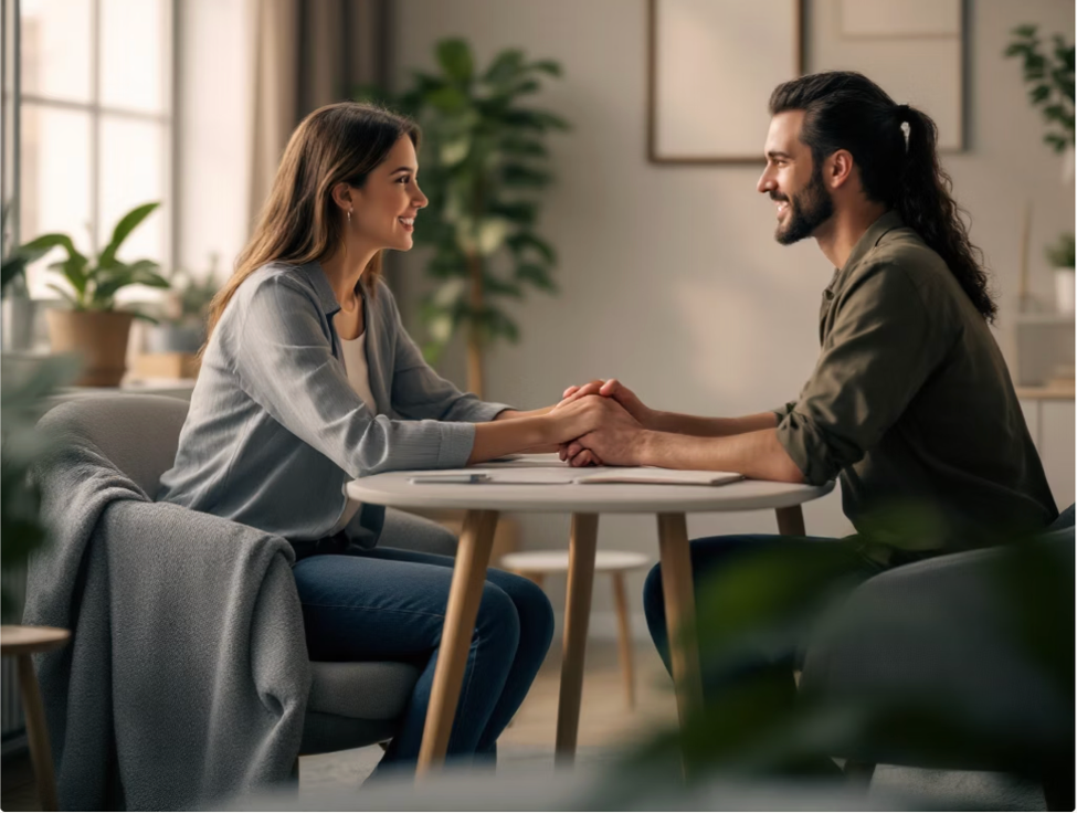 A woman and a man sit across from each other at a round table, holding hands and smiling at each other in a well-lit room with large windows and indoor plants.