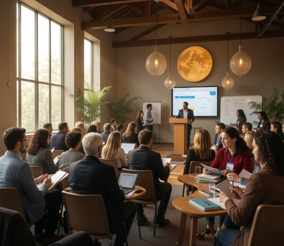 A conference or seminar with a speaker at a podium presenting to an audience in a spacious room with large windows, plants, and moon-themed decor.