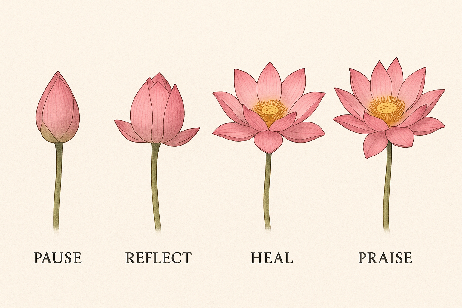 A sequence of four pink lotus flowers at different stages, labeled 'Pause,' 'Reflect,' 'Heal,' and 'Praise'.