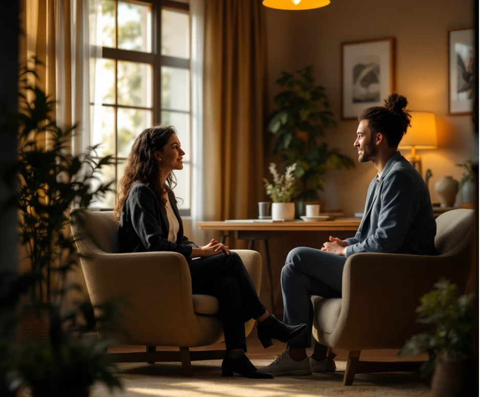 A woman and a man sit face-to-face in a cozy living room, engaged in a conversation, with natural light coming from a window behind them.