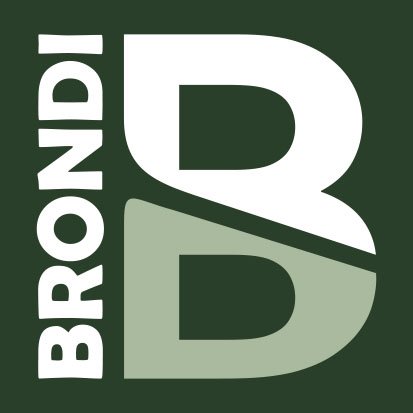 Brodi logo, jossa isolla D-kirjaimella ja tekstillä 'BRODI' viistosti vasemmalle