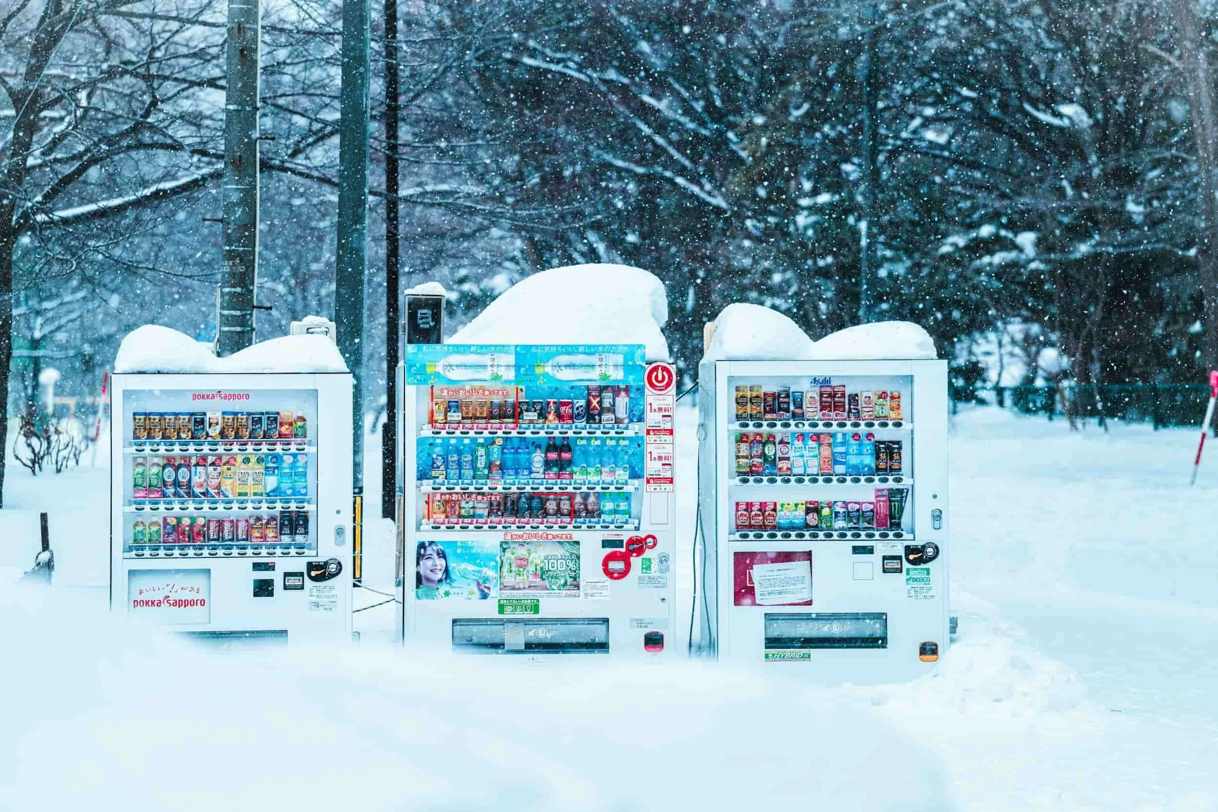 Distributeurs automatiques au Japon sous la neige, scène hivernale typique.