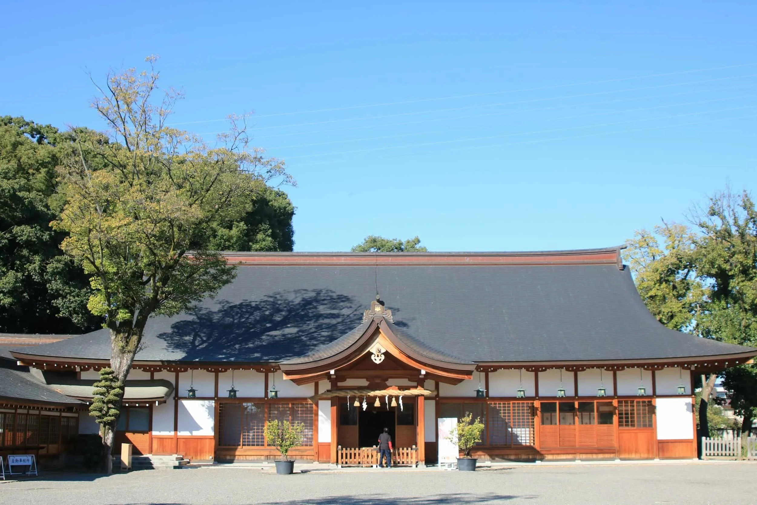 Bâtiment traditionnel japonais en bois entouré d’arbres, architecture locale.
