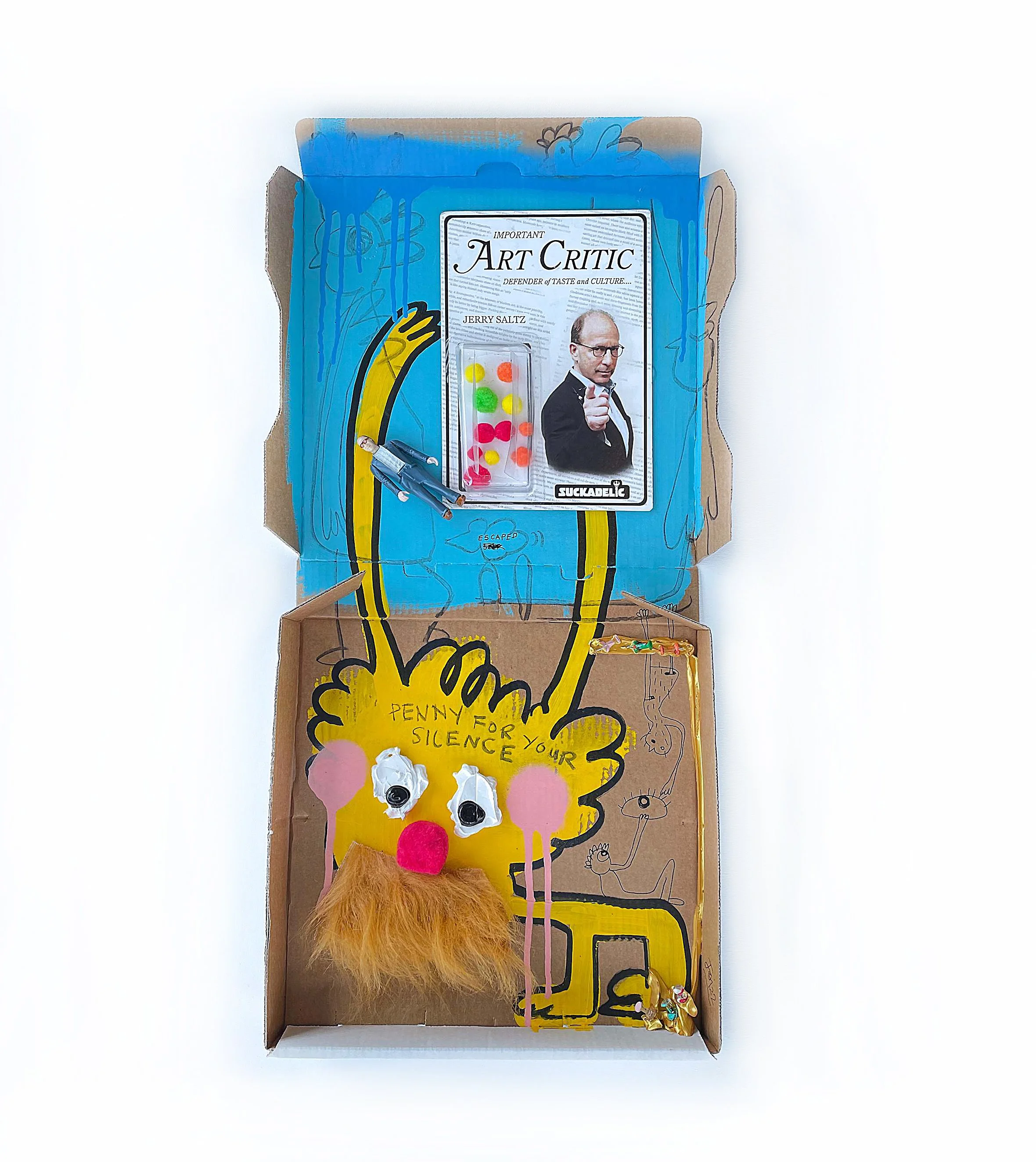 Sticks and Stones Dispenser, 2022, mixed media and collage on pizza box — 65 x 36cm. 