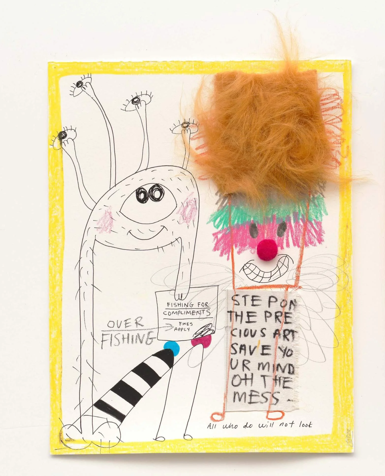 Fishing For Compliments (Fines Apply), 2022, Mixed media and collage on paper — 35 x 28cm. 