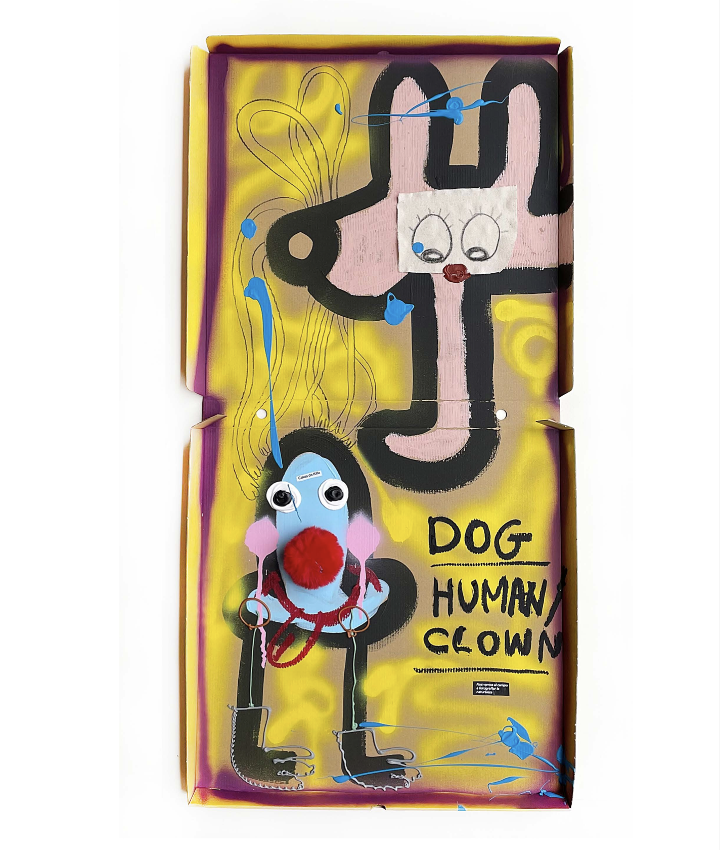 As Natural As Synthetic Clowns, 2023, mixed media and collage on pizza box — 50 x 106cm.