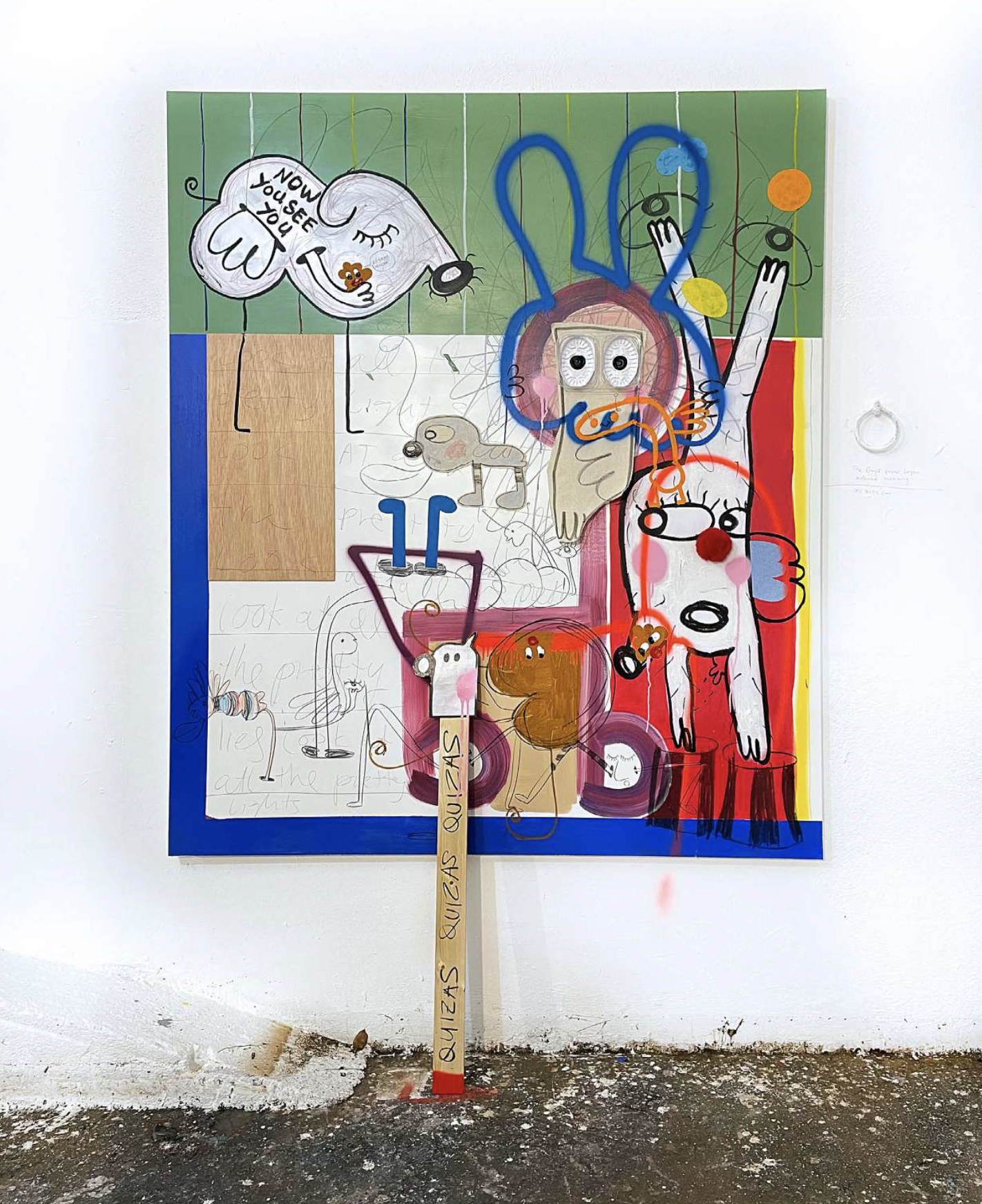 The Days Grow Longer Without Meaning, 2023, Mixed media on canvas — 183 x 152cm. With accompanying riding stick. 