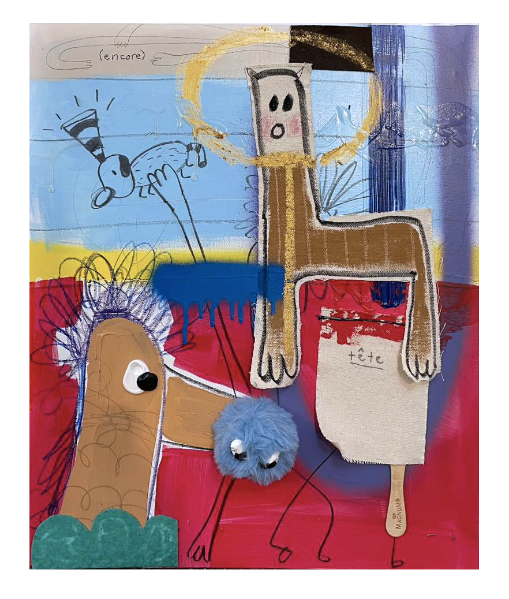 El Pulga, 2023. Mixed media and collage on canvas — 50 x 40 cm. 
