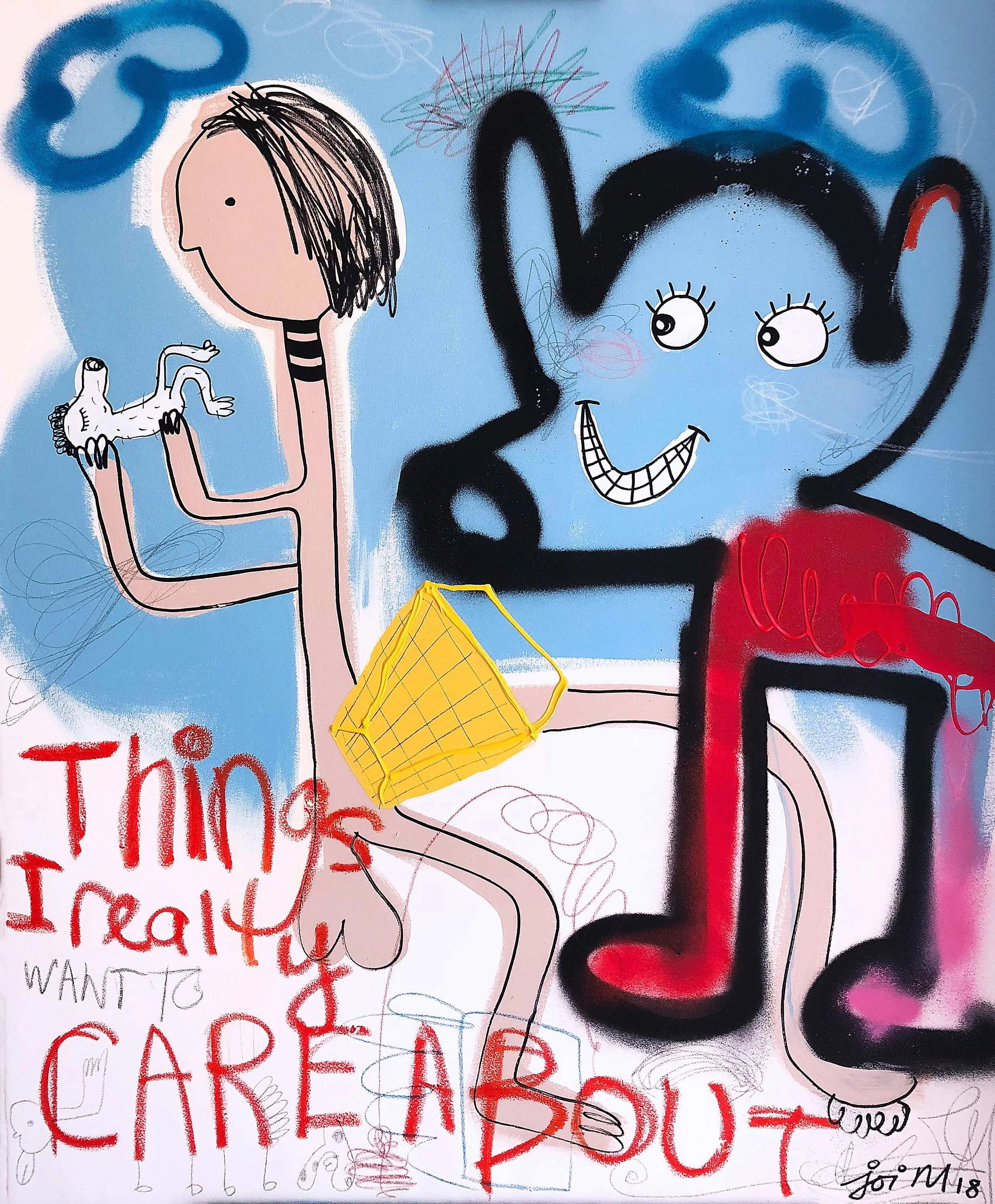 Cheese Grater On Lap (someone is watching), 2018. Mixed media on canvas — 90 x75cm. 