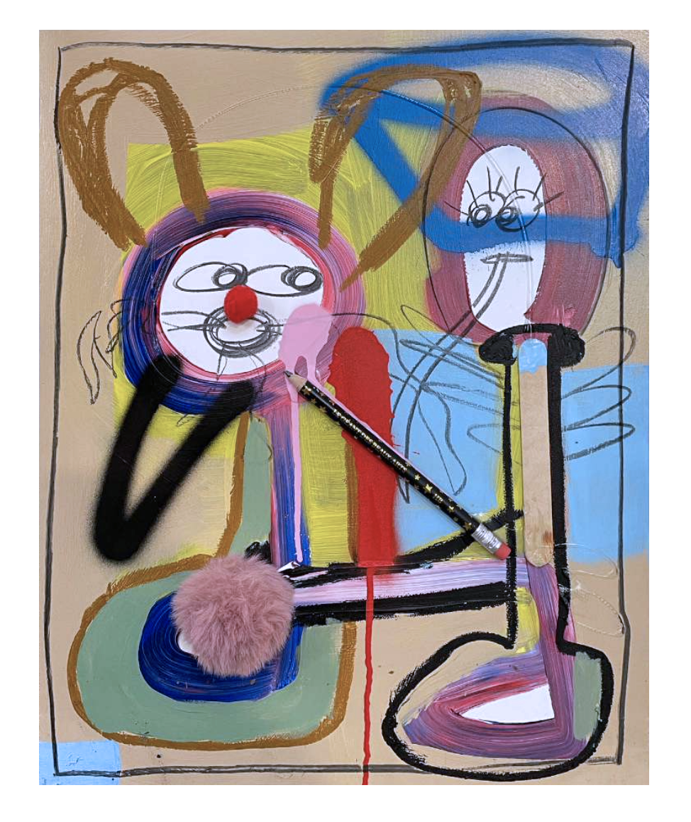 Kicked in The Gut By a Pencil, 2023. Mixed media and collage on canvas — 50 x 40 cm. 