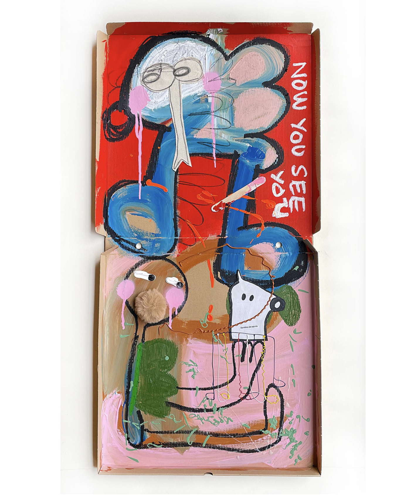 Merging with Neighbourhood Sounds, 2023, mixed media and collage on pizza box — 106 x 50cm.