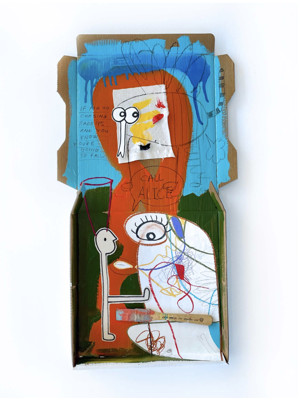 
Feed Your Head, 2023, mixed media and collage on pizza box — 65 x 36cm.