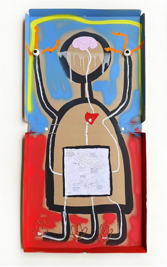 Feeding Time At The Prado, 2023, mixed media and collage on pizza box — 50 x 106cm.