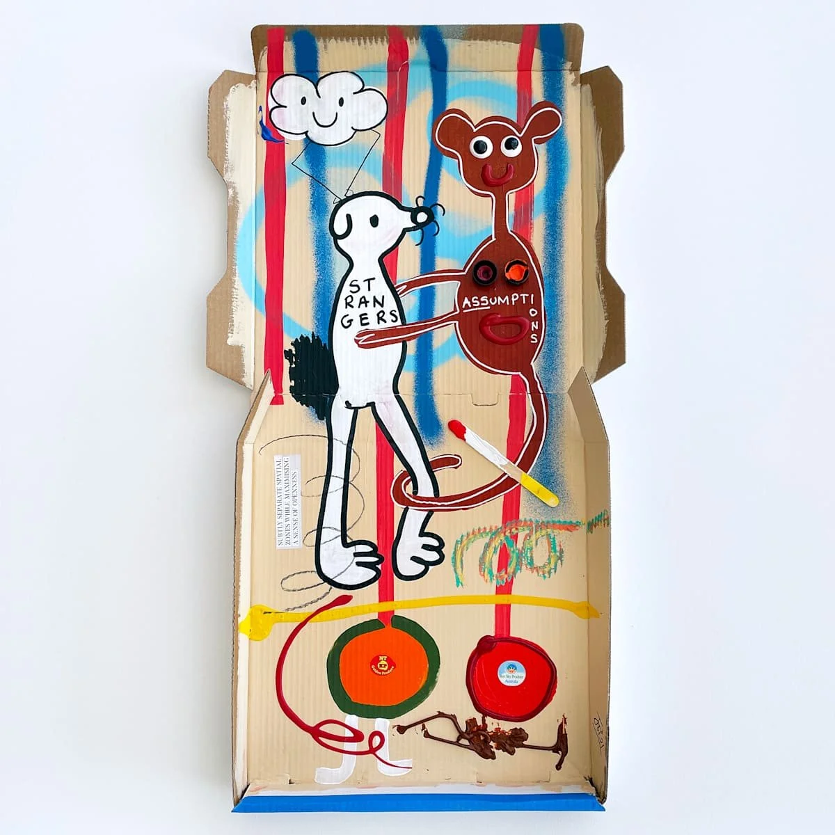 Strangers in The Night, 2022, mixed media and collage on pizza box — 65 x 36cm.