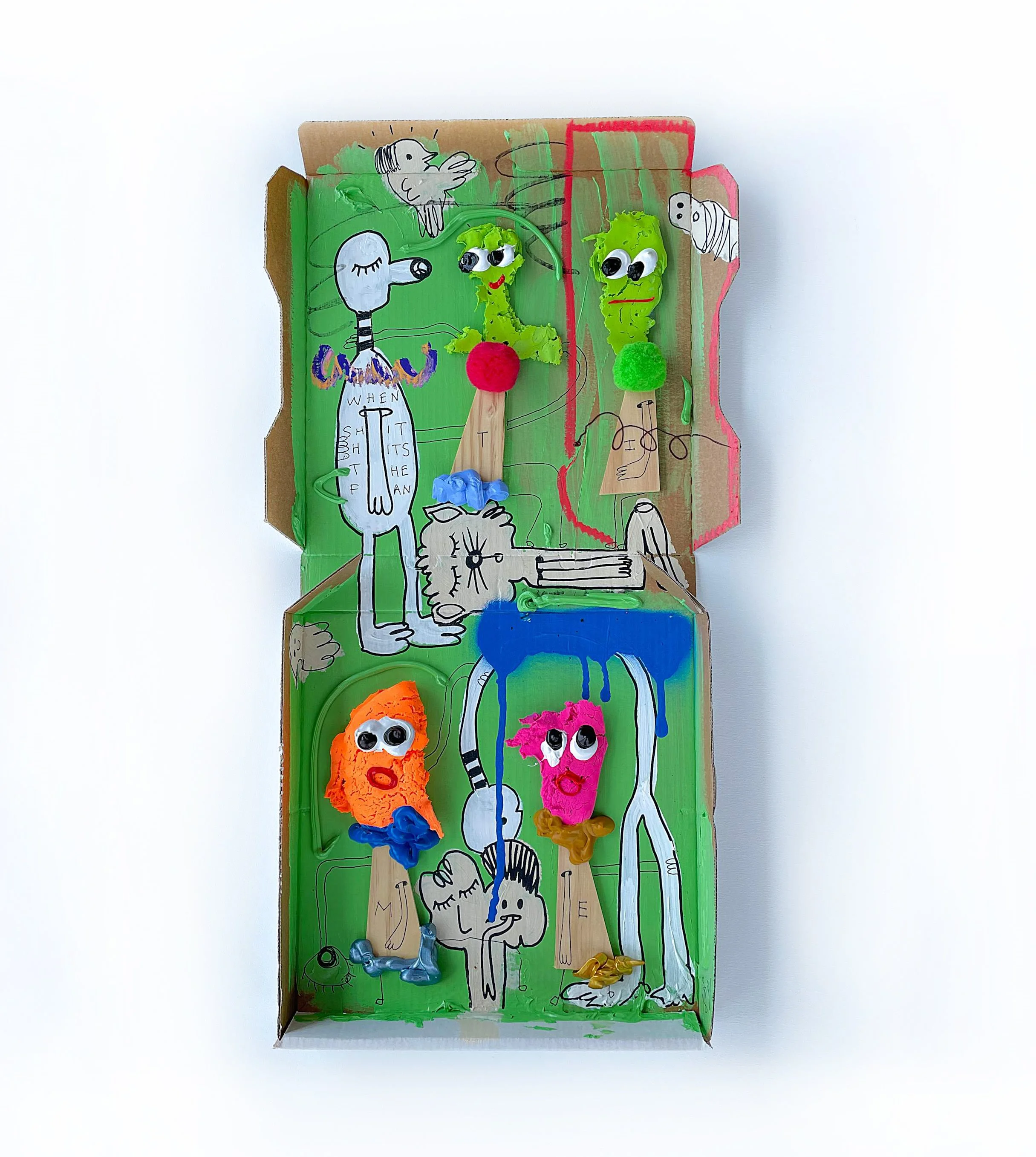 Wont You Help To Sing, 2022, mixed media and collage on pizza box — 65 x 36cm.