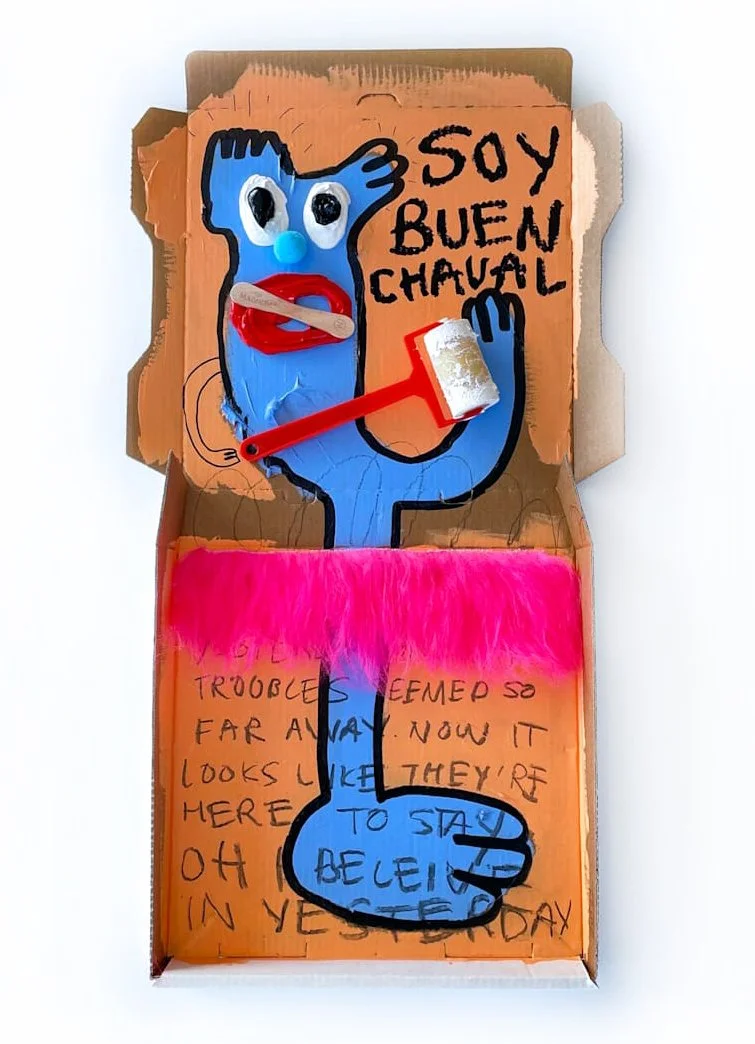 Policía del Karma, 2023, mixed media and collage on pizza box — 65 x 36cm.