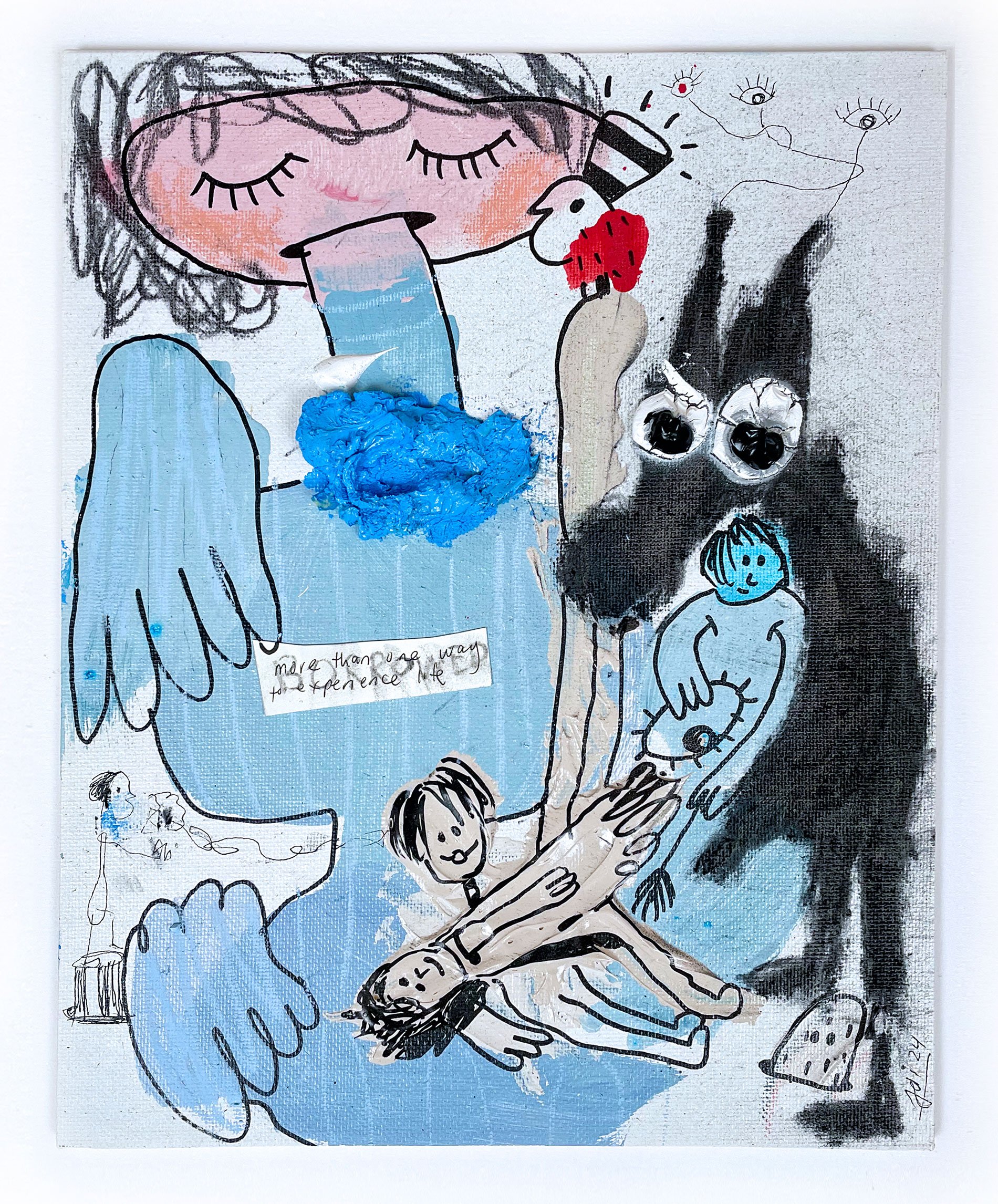 Maman est libre, 2024, Mixed media, collage on canvas board — 25 x 30cm.