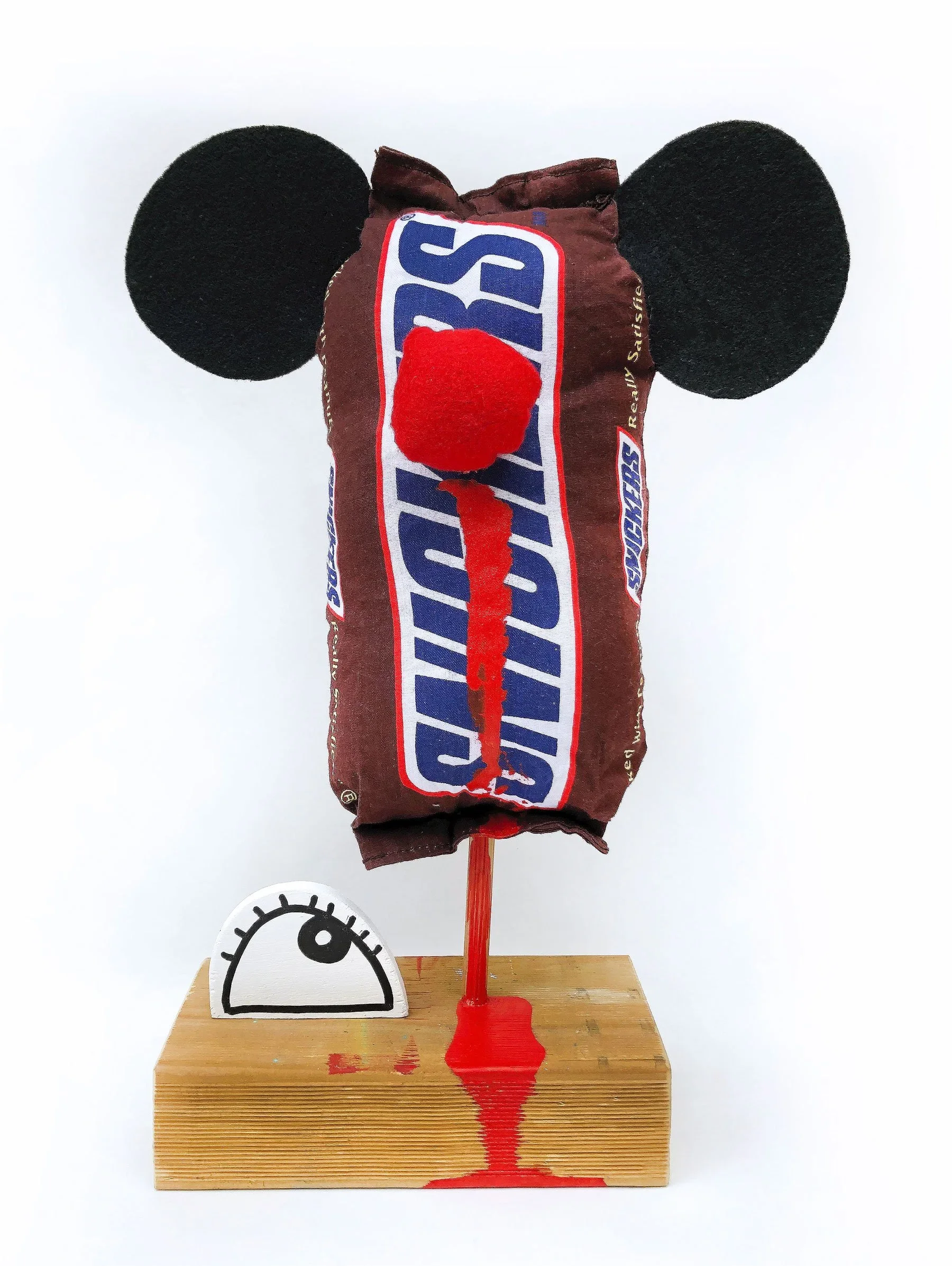 The Audacity To Snicker, 2020. Acrylic, wood, pen, ink, fabric, toy, PVA glue — 37(H) x 18(W) x 10(D)cm.