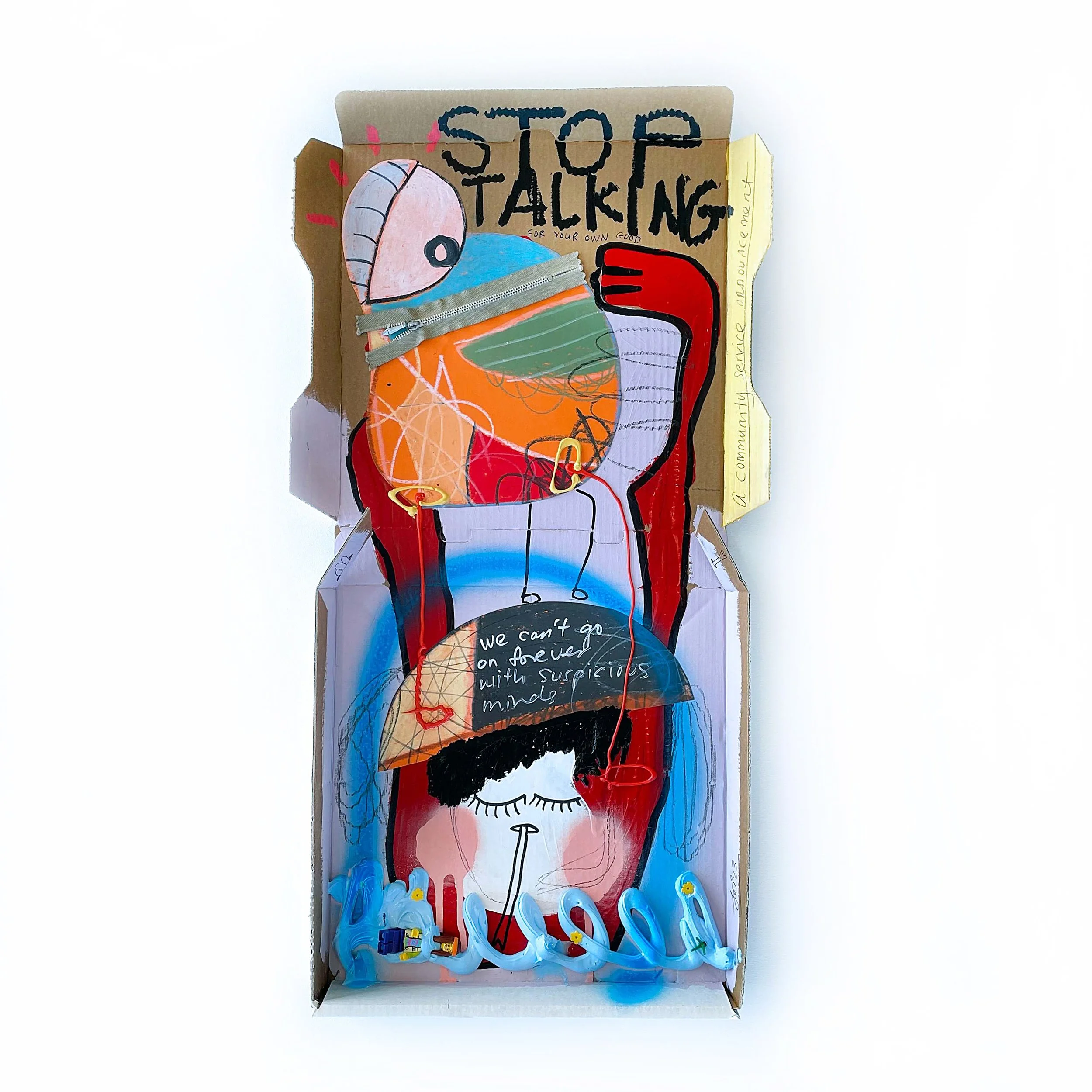 A Community Service Announcement, 2023, mixed media and collage on pizza box — 65 x 36cm.