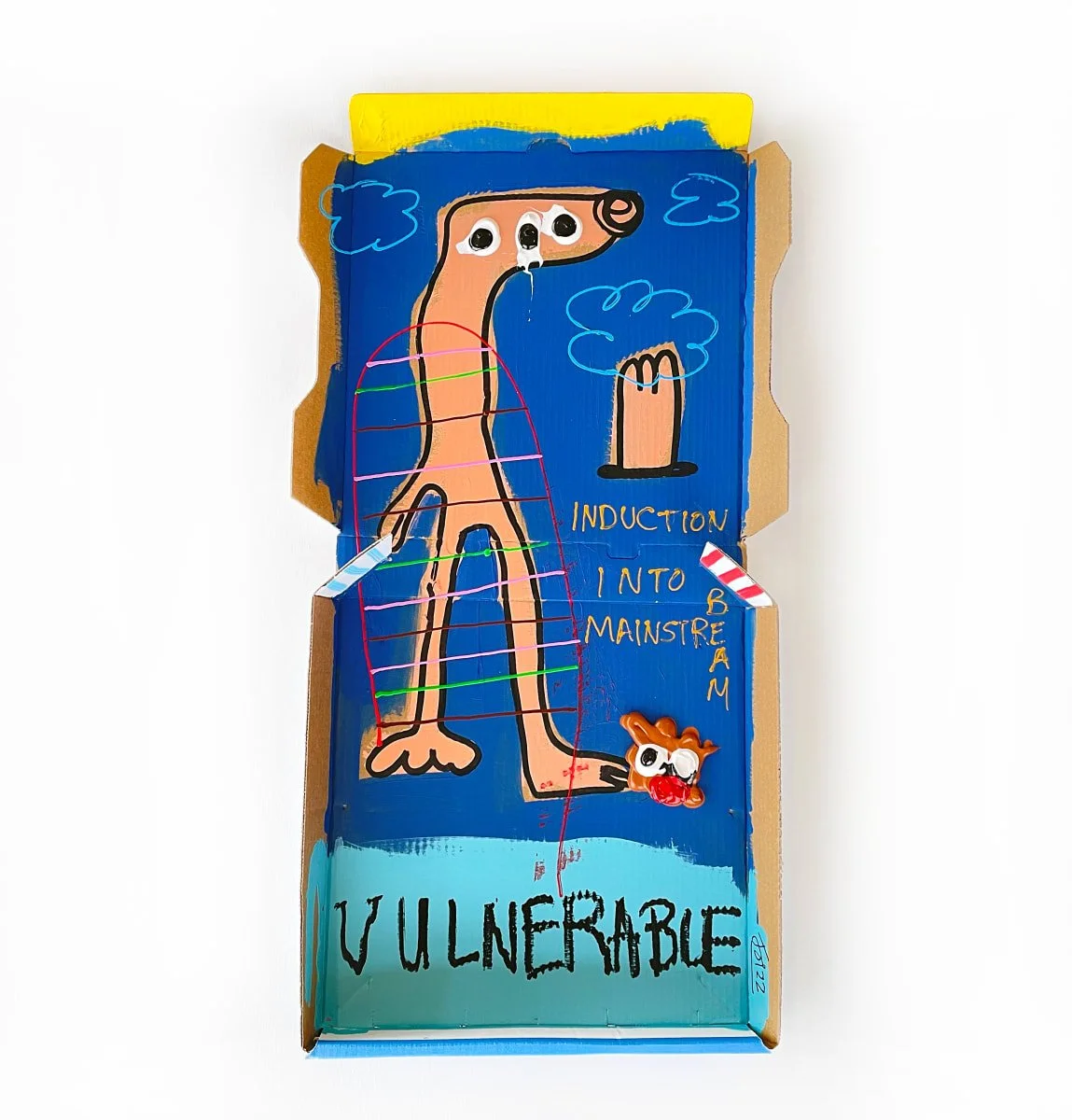 Stranger In The Room, 2022, mixed media and collage on pizza box — 65 x 36cm.