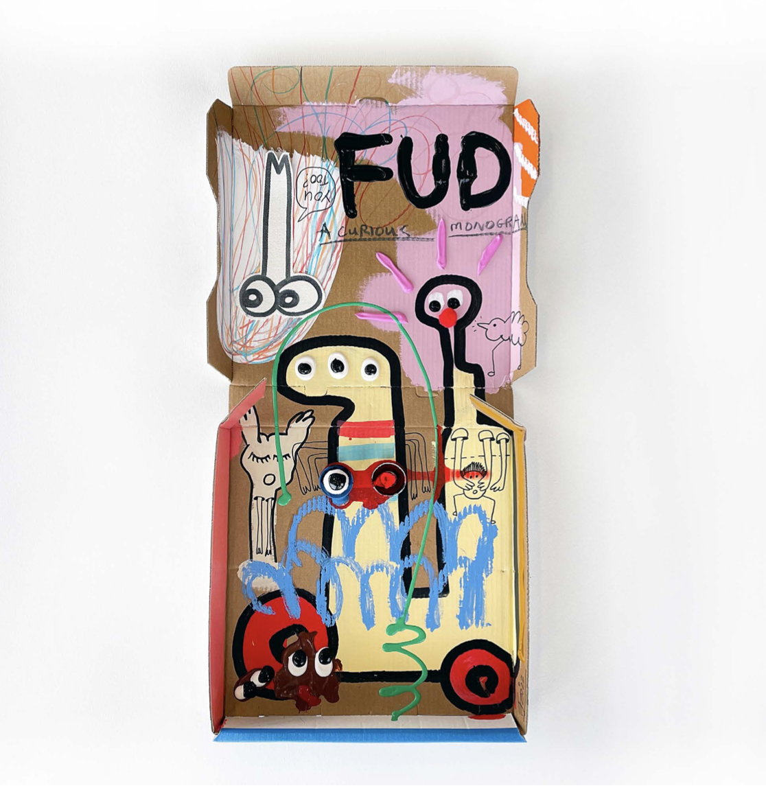 A Curious Monogram, 2022, mixed media and collage on pizza box — 65 x 36cm.
