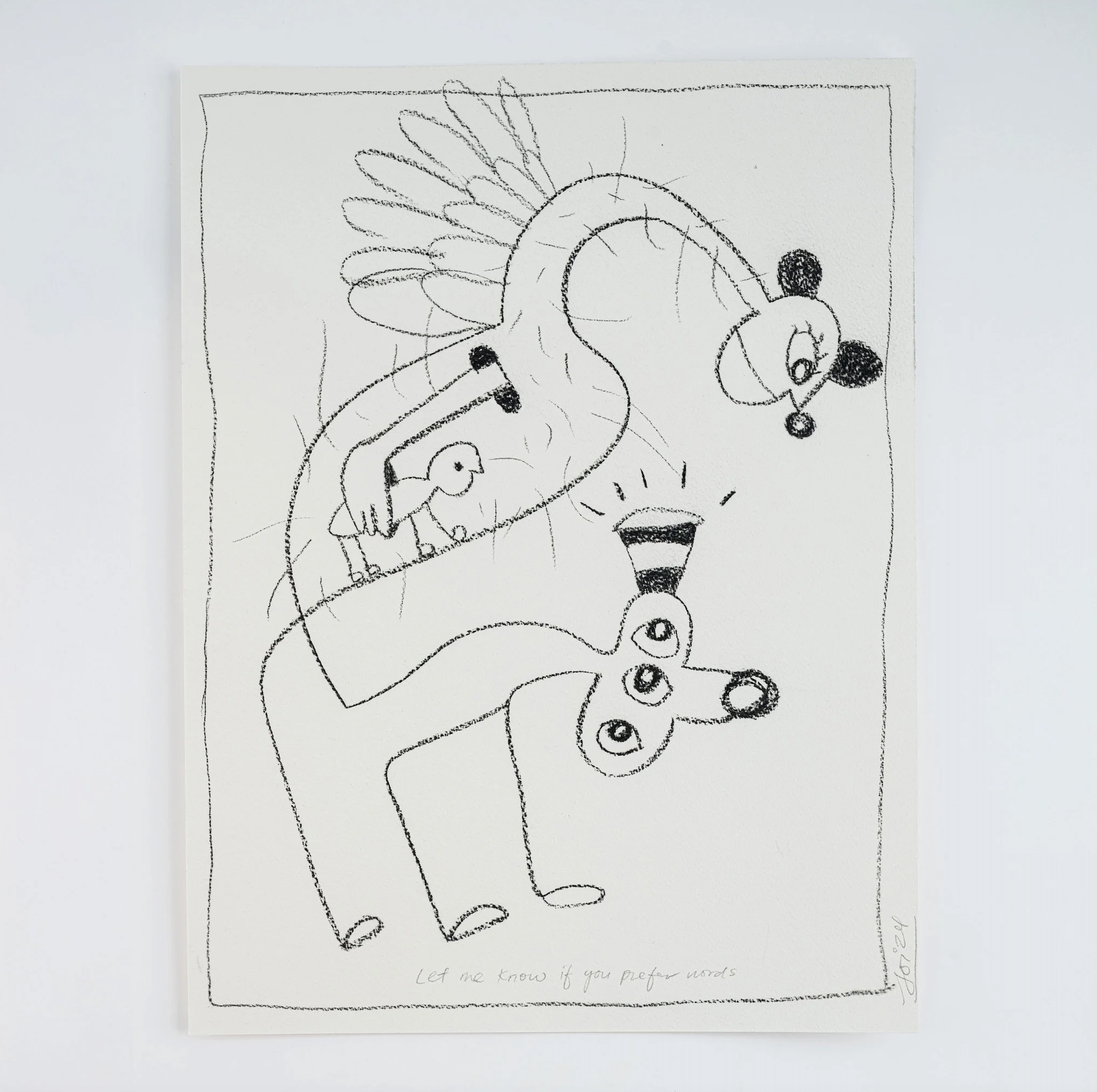 Sarcasm With A Little Frustration And Sadness, 2024, charcoal on paper — 41 x 31cm. 