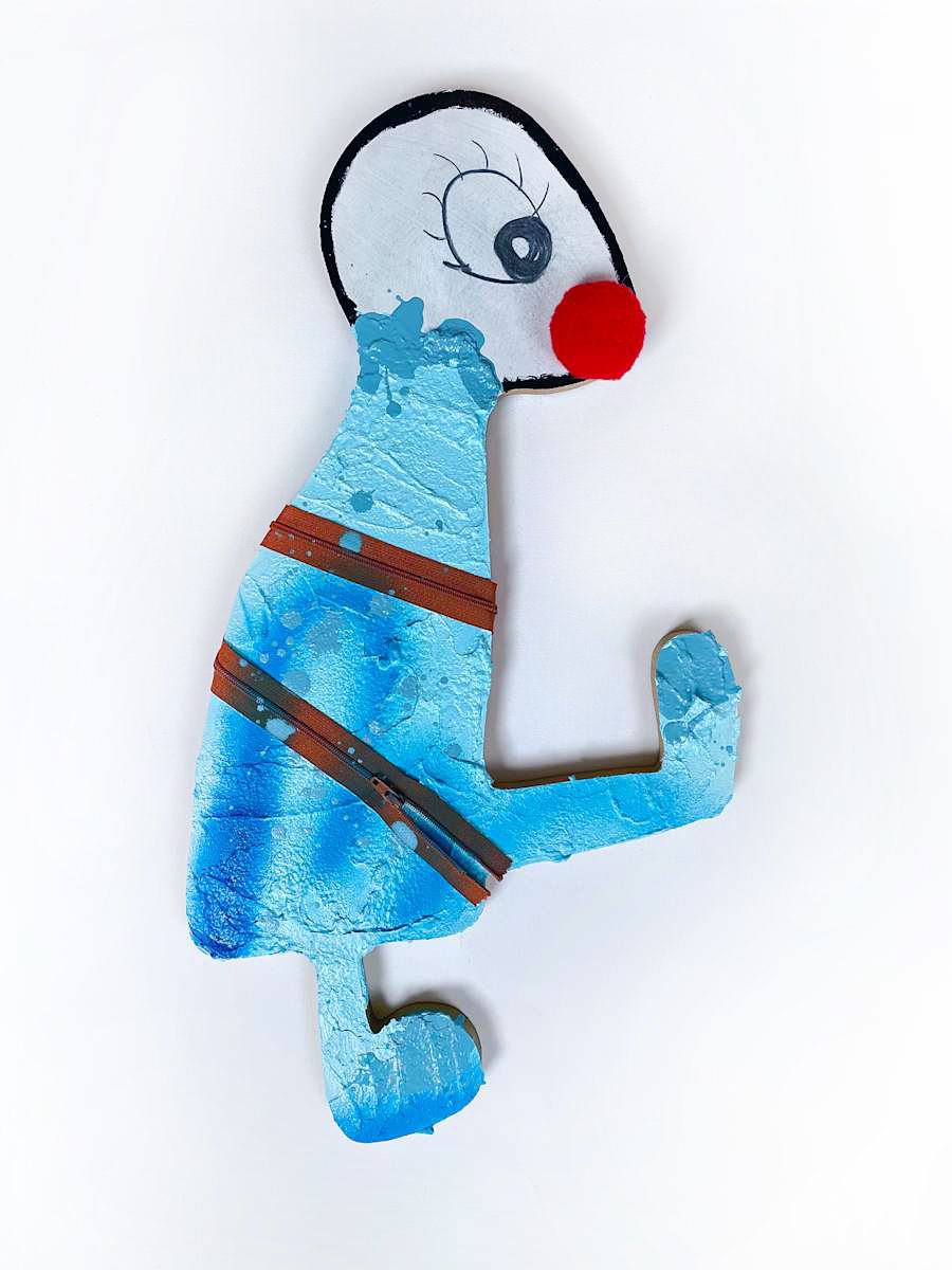 Mr Navigator, 2024. mixed media and collage on wood cut — 52cm(H) 27cm(W) 2cm(D)⁣.