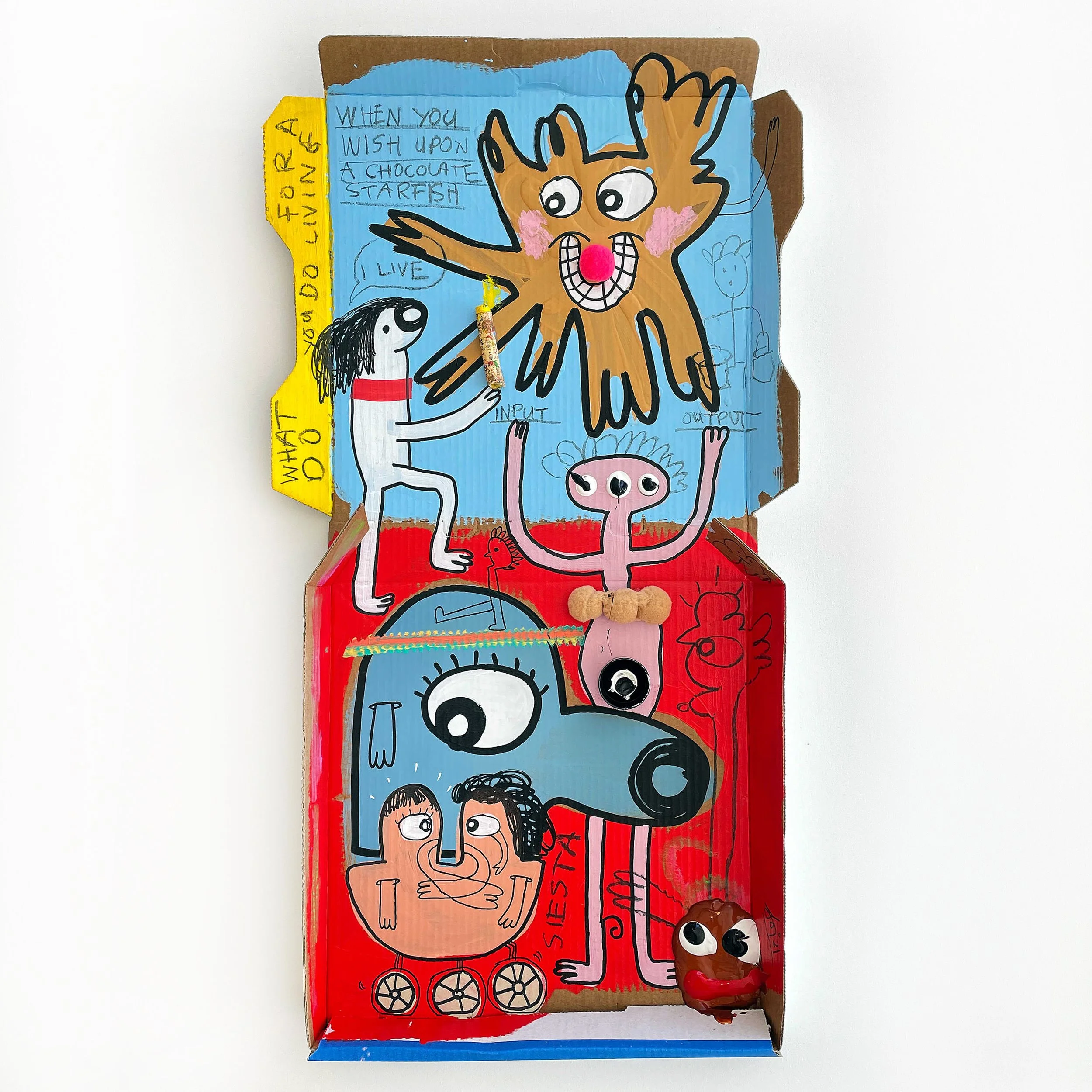The Stars That Play with Laughing Sam’s Dice, 2021, mixed media and collage on pizza box — 65 x 36cm.