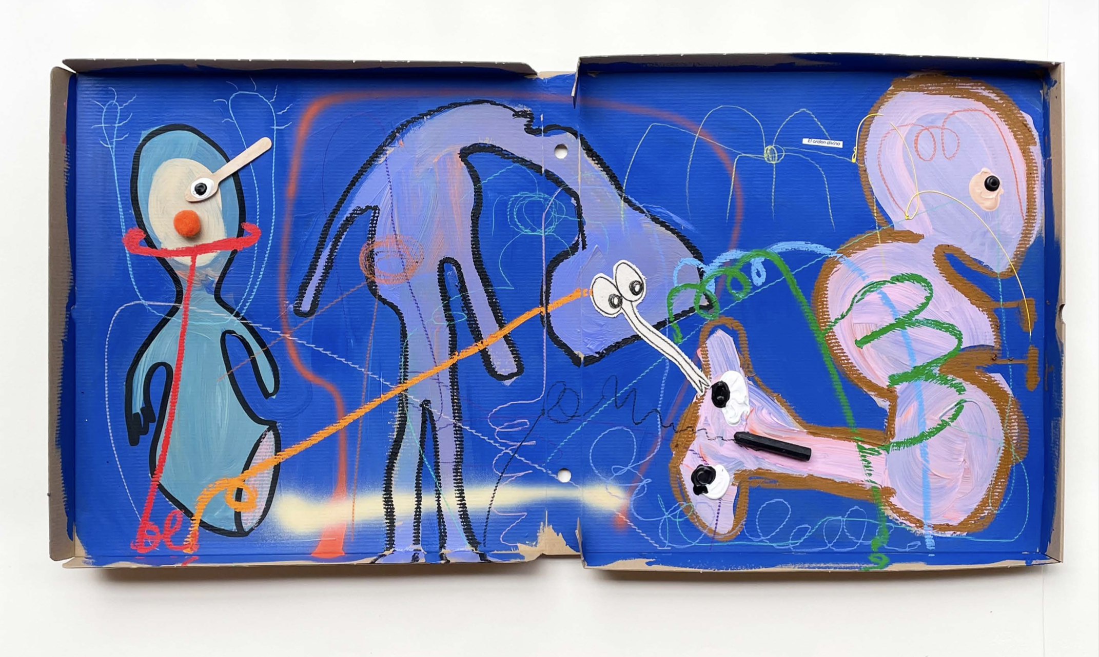 Spiders and Stars in Spain, 2023, mixed media and collage on pizza box — 106 x 50cm. 