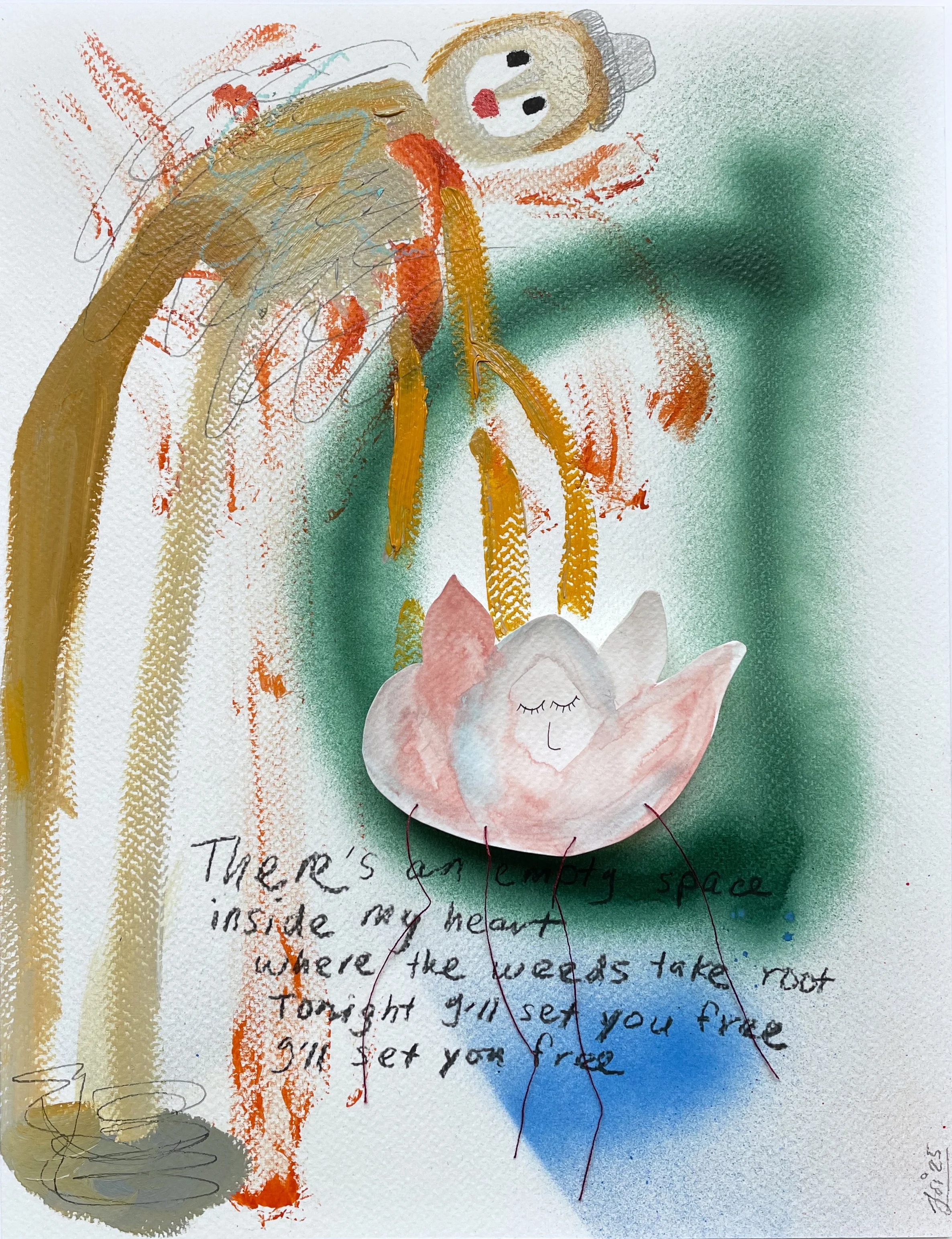 Lotus Flower 2025, mixed media, collage, thread on paper — 41 x 31cm. 