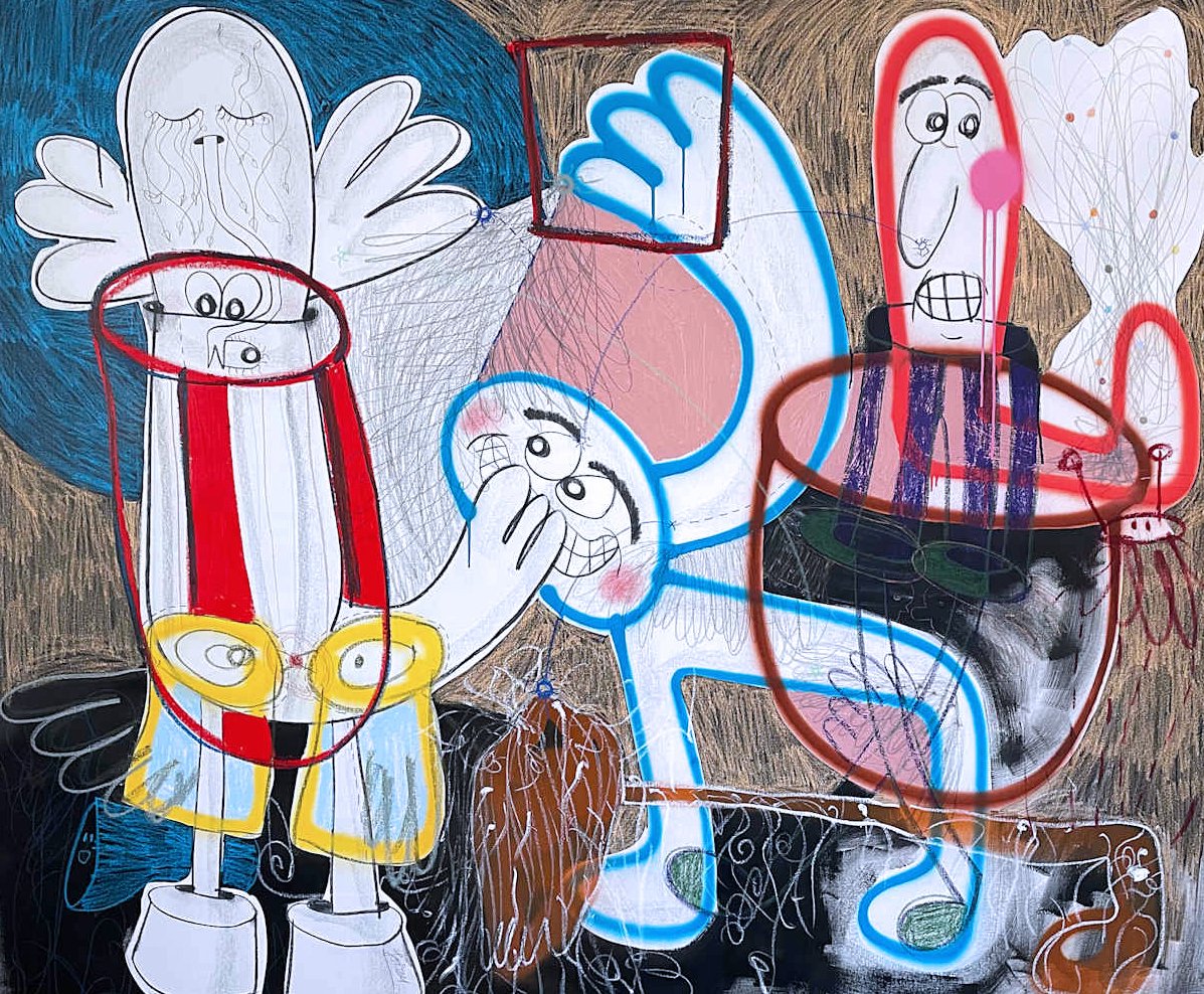 Broomstick In Container of Doubt, 2024, Mixed media on canvas — 152 x 183cm. 