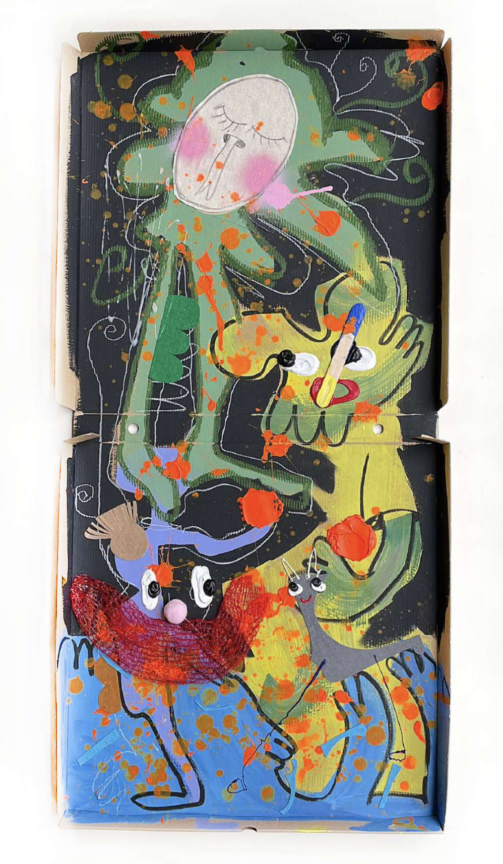 Eating Oranges in Spain, 2023, mixed media and collage on pizza box — 106 x 50cm.