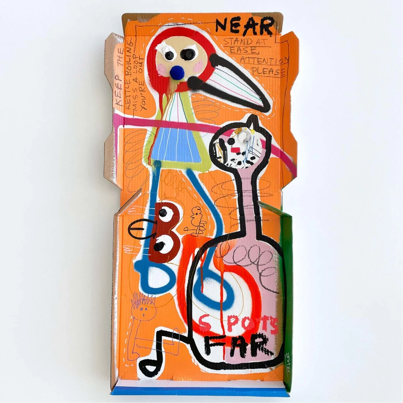 Little Miss Strange, 2022, mixed media and collage on pizza box — 65 x 36cm.