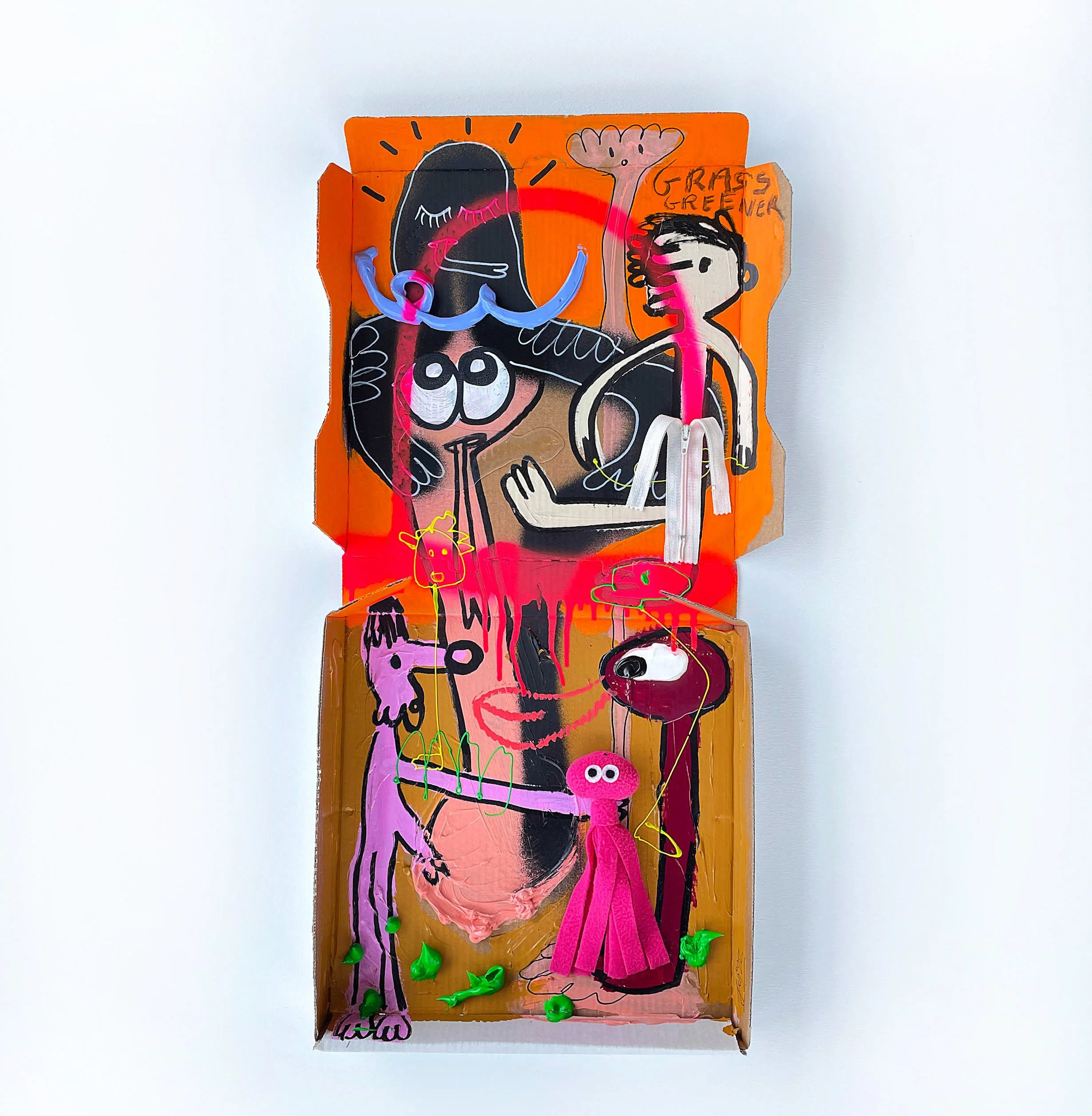 Pimpers Pradise, 2022, mixed media and collage on pizza box — 65 x 36cm.